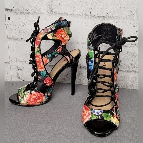 JUSTFAB Jasline Floral Lace Up Stilettos - Picture 2 of 10